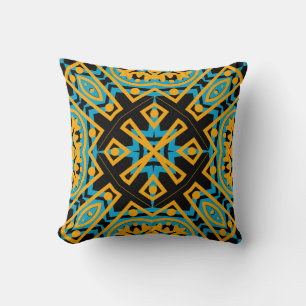 Kaleidoskop-Design, Hellblau, Gold, Schwarz Kissen