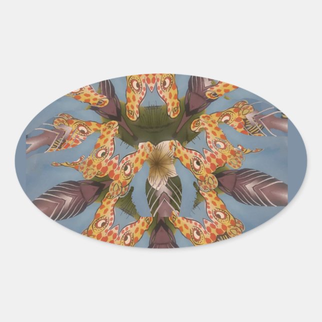 Kaleidoskop Giraffe Mandala: Abstrakte Safari Art Ovaler Aufkleber (Vorderseite)