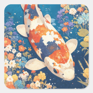 Kaleidoskop-Koi schwimmen in floralen Gewässern Quadratischer Aufkleber