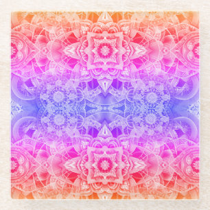 Kaleidoskop-Mandala in Blau, Gelb und Pink Glasuntersetzer