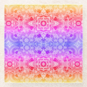 Kaleidoskop-Mandala in Blau, Gelb und Pink Glasuntersetzer