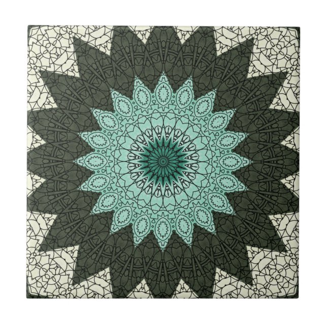 Kaleidoskop Mandala in Grün und Blau Fliese (Vorderseite)