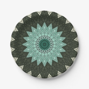 Kaleidoskop-Mandala in Grün und Blau Pappteller