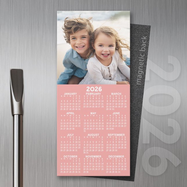 Kalender 1 FotoCollage - Kann Dusty Pink bearbeite Magnetkarte (2026 Calendar Magnet for the Fridge or Home Office - Add a Photo for a Personal Touch)