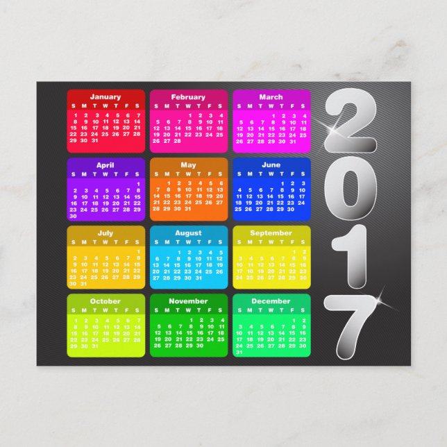 Kalender 2017 in kräftigen Regenbogenfarben Postkarte (Vorderseite)
