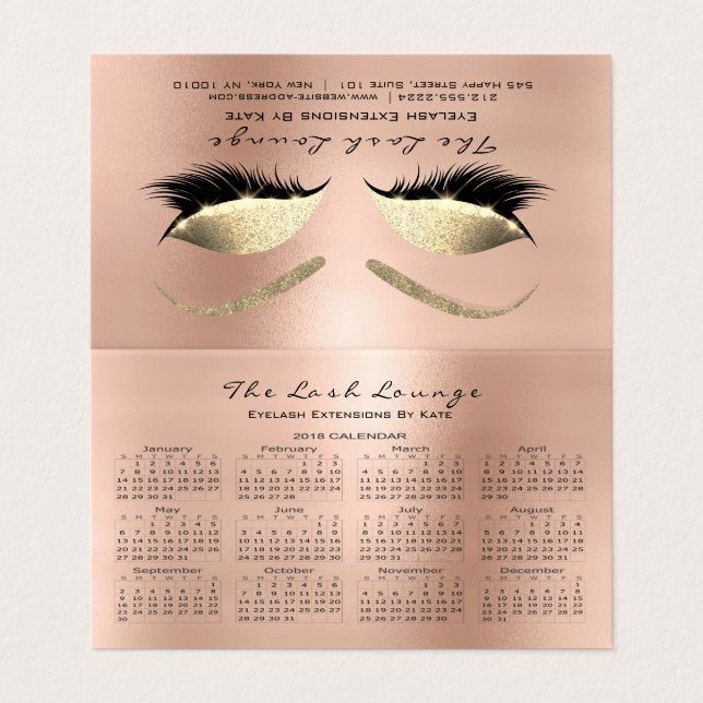 Kalender 2018 Schönheitssalon Lashes Rosa Rose Visitenkarten (Außenseite Aufgefaltet)