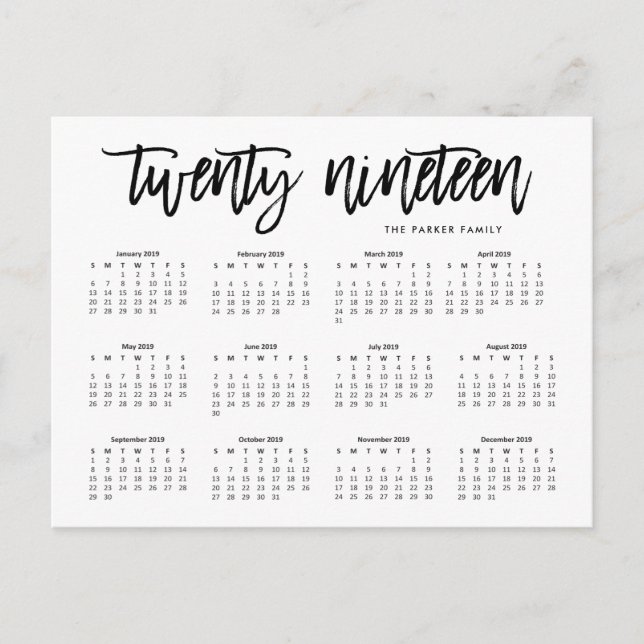 Kalender 2019 | Moderne Typografie Postkarte (Vorderseite)