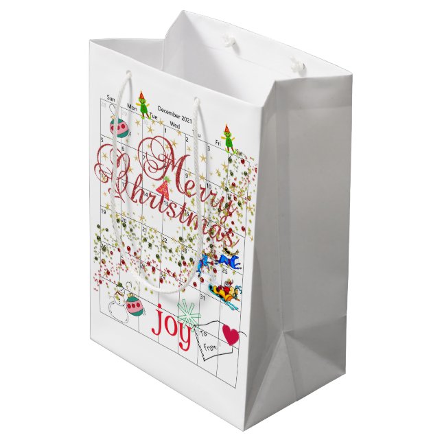 Kalender 2021 Frohe Weihnachtsgeschenke Mittlere Geschenktüte (Rückseite Schrägansicht)