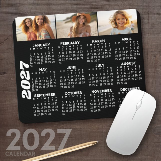Kalender 2024 mit 3 FotoCollage - schwarz Mousepad (2027 Calendar Mousepad)