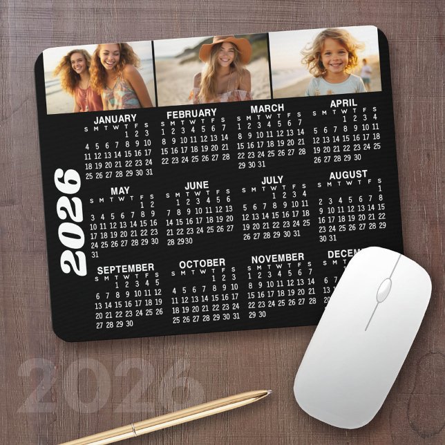 Kalender 2024 mit 3 FotoCollage - schwarz Mousepad (2026 Calendar with your logo or photos - Great Business Gift or Home Office Decor)