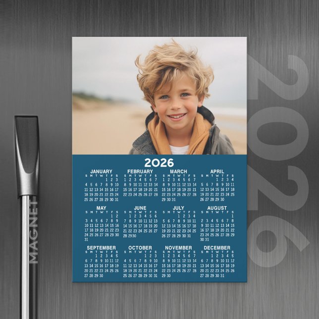 Kalender 2024 mit Foto Blue White Magnetkarte (2026 Calendar with A Photo and Magnetic Back)