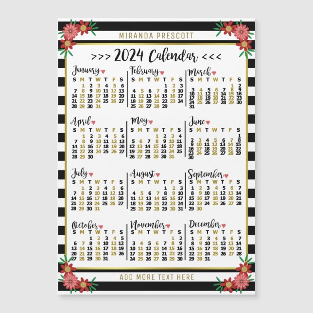 Kalender 2024 Schwarzer Streifen Blumenmagazin Magnetkarte (Vorderseite)