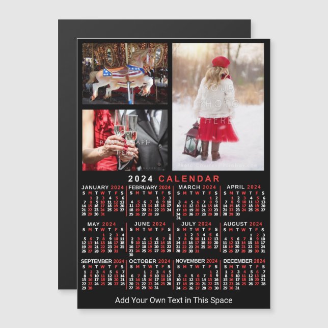 Kalender 2024 Schwarzes Personalisiertes Foto Magneteinladung (Vorne/Hinten)