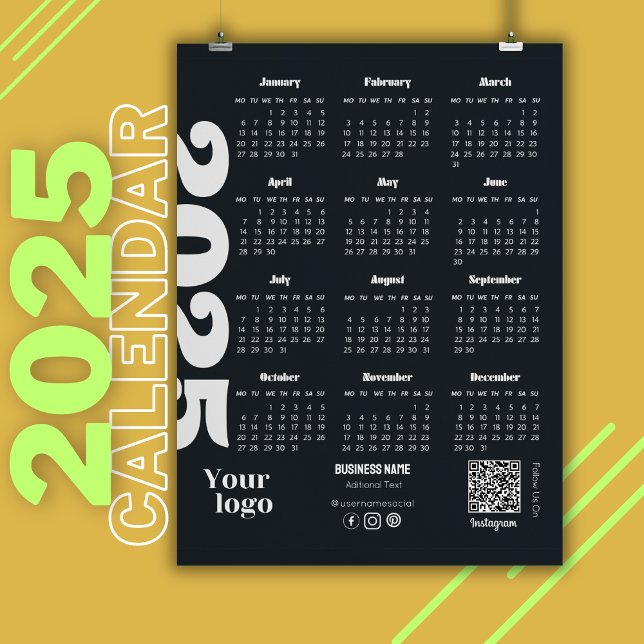 Kalender 2025 Schwarz-Weiß-Unternehmen Magneteinladung (yearly calendar, 2025 yearly calendar, corporate calendar, 5x7 magnets office gifts, )