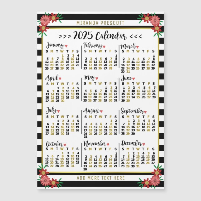 Kalender 2025 Schwarzer Streifen Blumenmagazin Magnetkarte (Vorderseite)