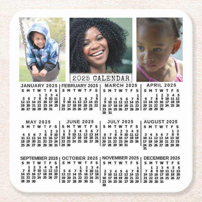 Kalender 2025 weiß | 3 FotoCollage Custom Rechteckiger Pappuntersetzer (Vorderseite)