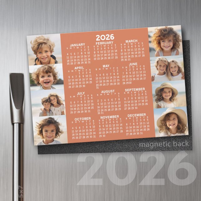 Kalender - 8 Fotos Basic Terra Cotta White Magnet (2026 Calendar on a Refrigerator Magnet with a Photo Collage)