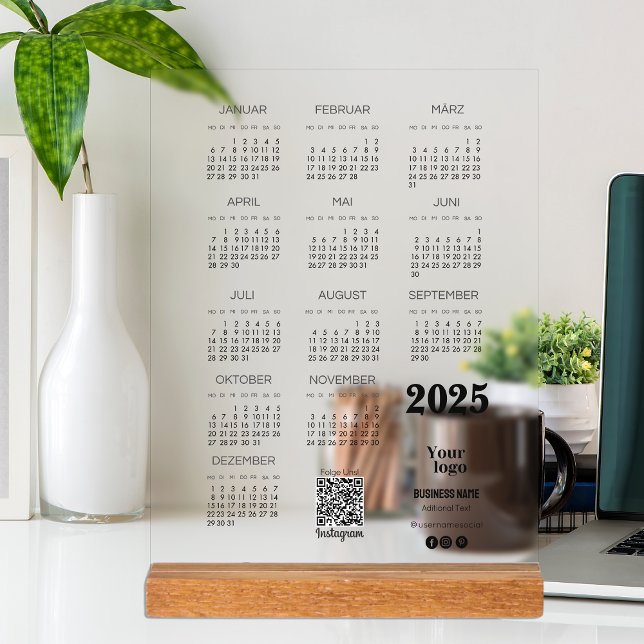 Kalender Deutsch 2025 Calendrier complet année Qr  (Kalender Deutsch 2025 Full Year Calendar Qr Code Acrylic Sign)