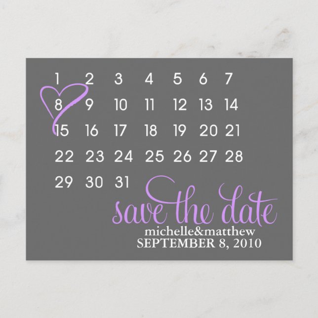 Kalender-Hochzeitskarten {lila} Ankündigungspostkarte (Vorderseite)