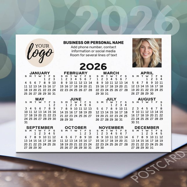 Kalender - Logo, Foto, Geschäftskontakte - weiß Postkarte (2026 Calendar Postcard - Add your logo, photo and business contact information)