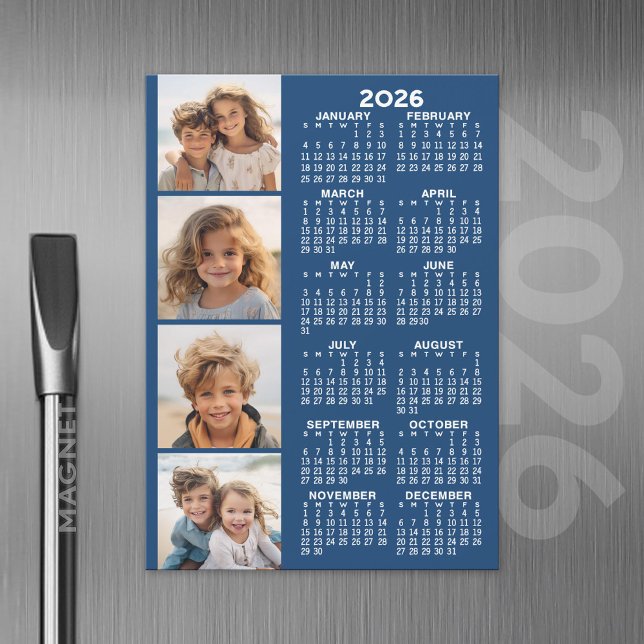 Kalender mit 4 Foto Collage Magnetic Card - Blau Magnetkarte (2026 Calendar with A Photo and Magnetic Back)