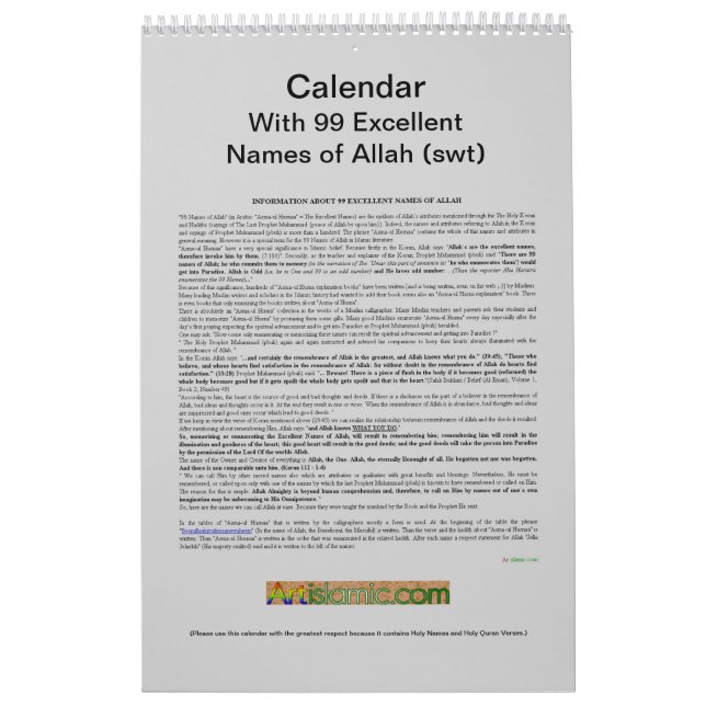 Kalender mit 99 Namen von Allah (swt) - Gott (Titelbild)