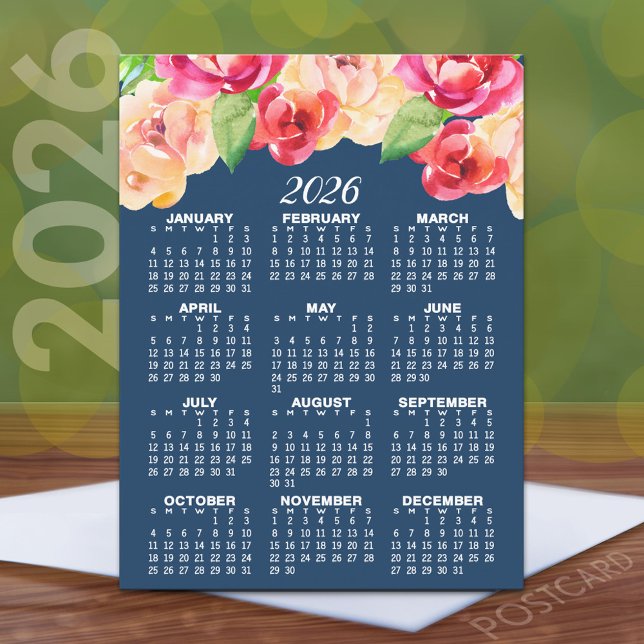 Kalender mit gestrichenen Aquarellfarben-Blume Postkarte (2026 Calendar Postcard)
