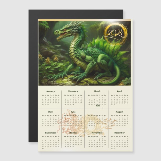 Kalender mit grünem Drachen. Zeitplan für 2024 Magnetkarte (Vorne/Hinten)
