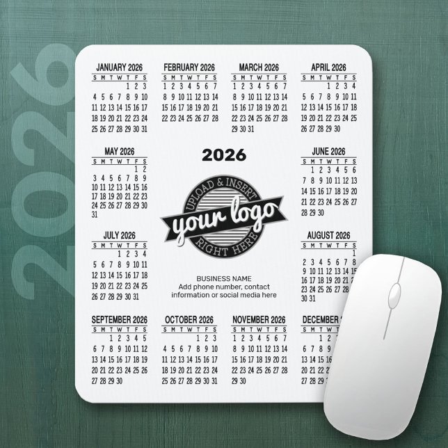 Kalender mit Logo, Kontaktinformationen Weiß Mousepad (2026 Calendar Mousepad)