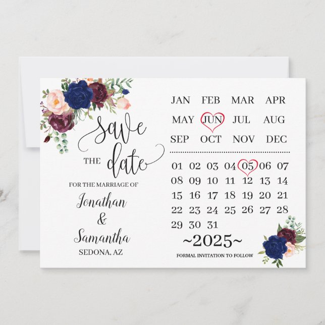 Kalender Save the Date navy burgundy Hochzeitstag Einladung (Vorderseite)