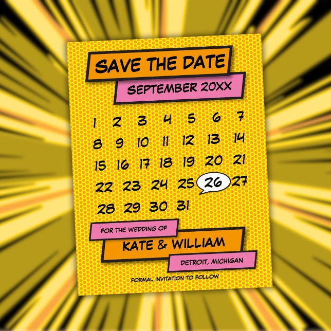 Kalender Spaß Modernes Comic Save the Date buchen Ankündigungspostkarte (Calendar Fun Modern Comic Book Save The Date Announcement Postcard)