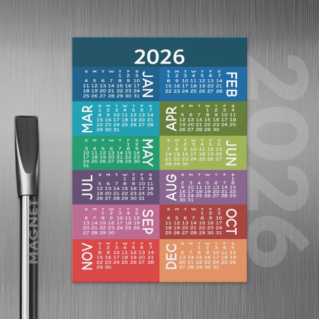 Kalender - Volles Jahr mit funkelnden bunten Monat Magnetkarte (2026 Calendar with a Magnetic Back)