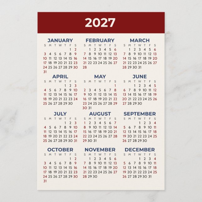 Kalenderkarte 2027 in benutzerdefinierten Farben,  Programm (Vorderseite)