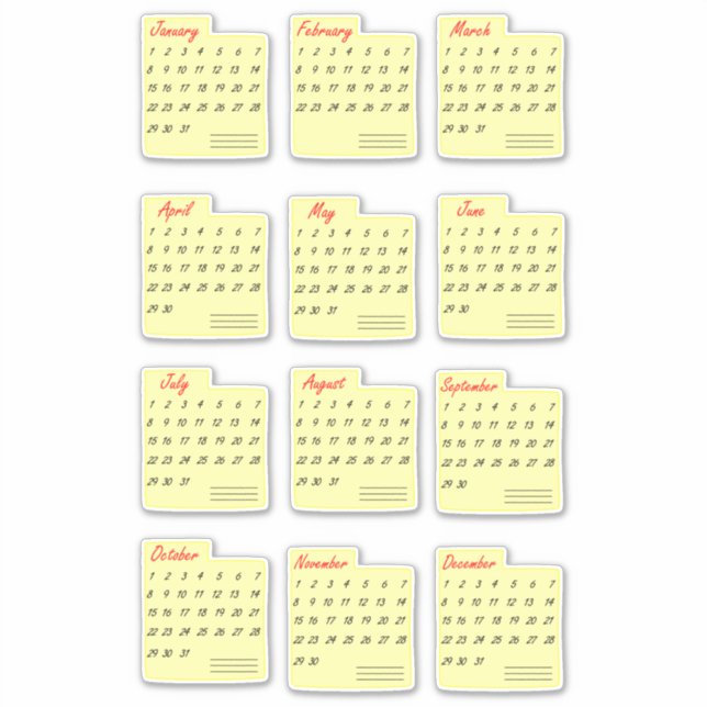 Kalendermonate jedes Jahr Aufkleber (Vorderseite)