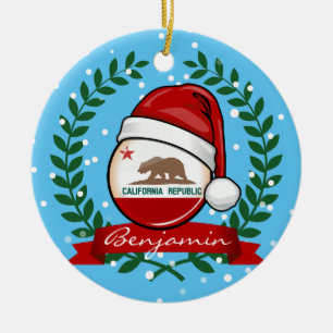 Kalifornien-Flagge in einer Weihnachtsmannmütze Keramikornament