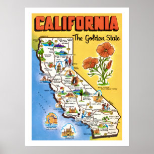 Kalifornien Golden State Karte 18x24 Druck Poster