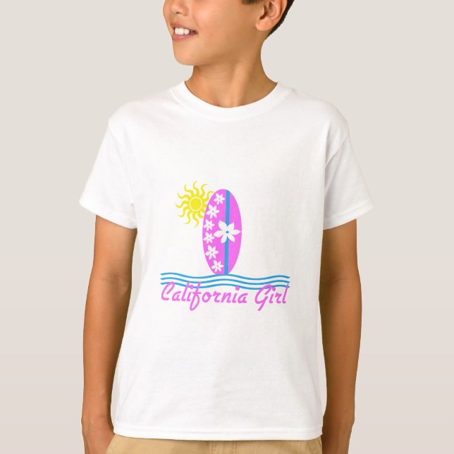 Kalifornien-Mädchen-Rosa-Surfbrett W/Sun T-Shirt (Vorderseite)