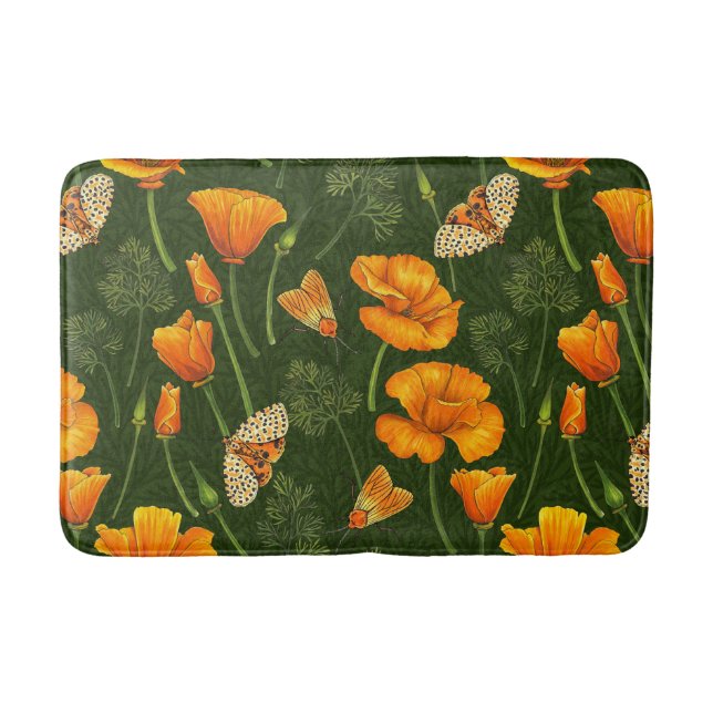Kalifornien-Mohn und -Motten auf dunkelgrün Badematte (Vorderseite)