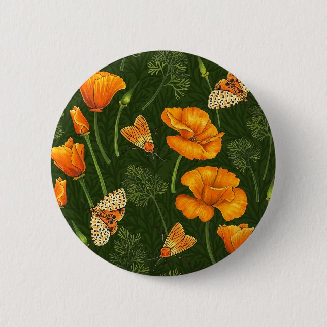 Kalifornien-Mohn und -Motten auf dunkelgrün Button (Vorderseite)