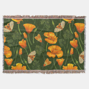 Kalifornien-Mohn und -Motten auf dunkelgrün Decke