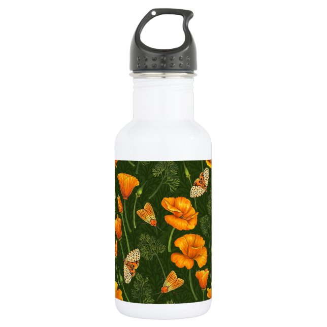 Kalifornien-Mohn und -Motten auf dunkelgrün Edelstahlflasche (Vorderseite)