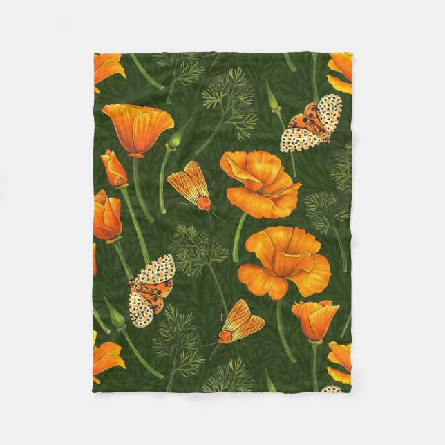Kalifornien-Mohn und -Motten auf dunkelgrün Fleecedecke (Vorderseite)