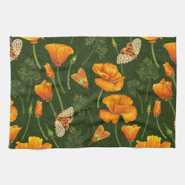 Kalifornien-Mohn und -Motten auf dunkelgrün Geschirrtuch (Horizontal)