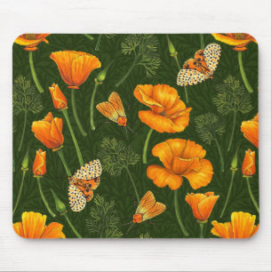 Kalifornien-Mohn und -Motten auf dunkelgrün Mousepad