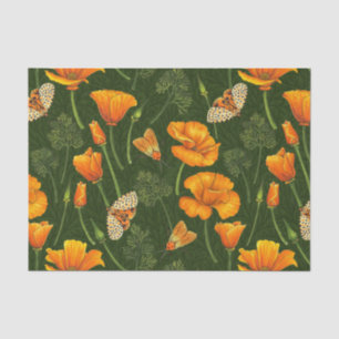 Kalifornien-Mohn und -Motten auf dunkelgrün Seidenpapier
