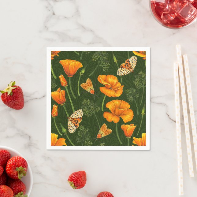 Kalifornien-Mohn und -Motten auf dunkelgrün Serviette (Beispiel)