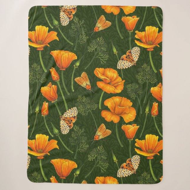 Kalifornien-Mohn und -Motten auf dunkelgrün Sherpadecke (Vorderseite)