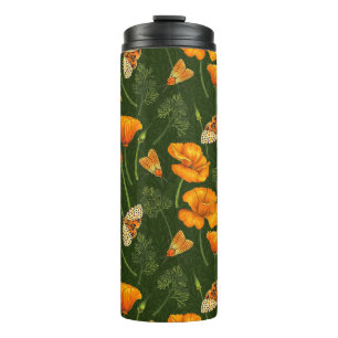 Kalifornien-Mohn und -Motten auf dunkelgrün Thermosbecher