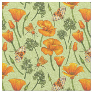 Kalifornien Mohn und Motten auf Honigtau Stoff