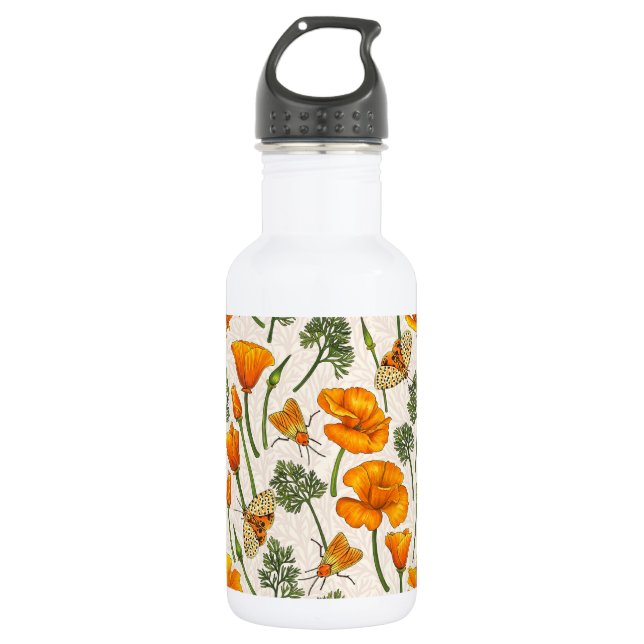 Kalifornien-Mohn und -Motten auf weiß 2 Edelstahlflasche (Vorderseite)